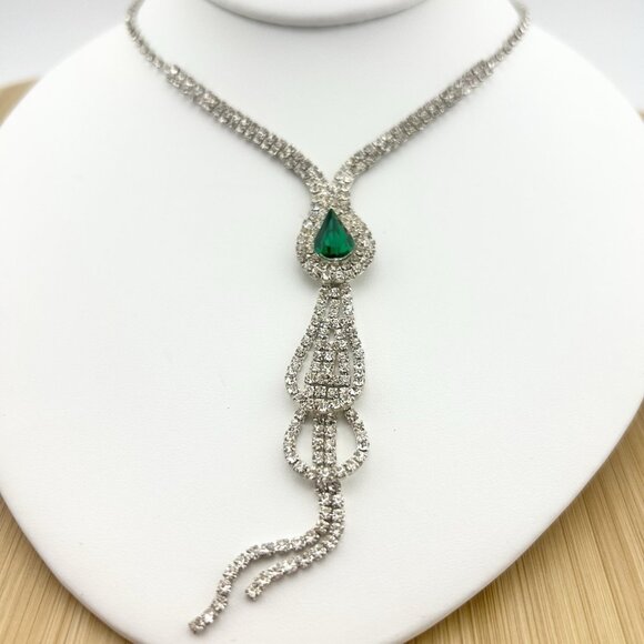 Rhinestone Statement Necklace Green Teardrop Tassel Silver Tone - Picture 1 of 13